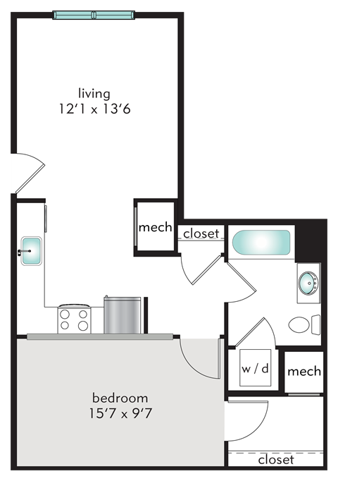 Floor plan for 1 bed, 1 bath, 605 sqft
